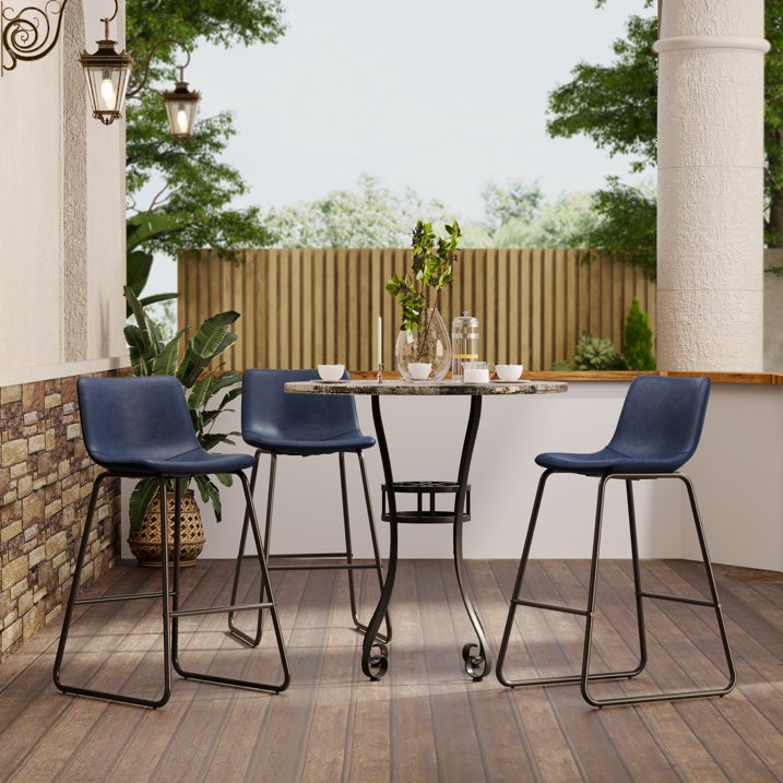 Aufeile 26" Counter Height Bar Stools Set of 3 – Modern Faux Leather Barstools with Back & Metal Legs, Kitchen Bar Chairs for Island, Dining Room, Blue