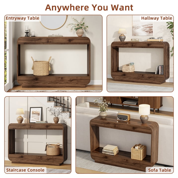 Aufeile 43" Entryway Table, Curved Console Table for Entryway, 2-Tier Wood Sofa Table with Open Storage Shelves Behind the Couch, Narrow Entry Table for Hallway Entrance Foyer, Walnut