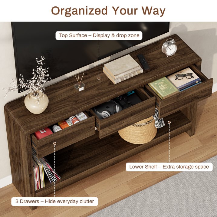 Aufeile Farmhouse Entryway Table, 55" Console Tables for Entryway with 3 Drawers and Open Shelf, Sofa Table Behind Couch, Wooden Entry Table for Entrance, Living Room, Hallway, Walnut