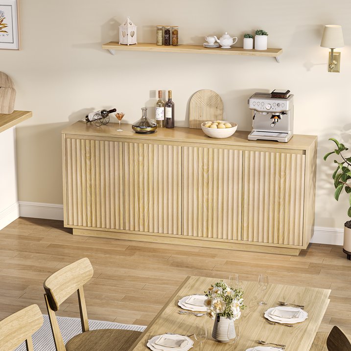 Aufeile 62" Long Sideboard Buffet Cabinet, Fluted Storage Cabinet with Adjustable Shelves for Kitchen Dining Living Room, Natural