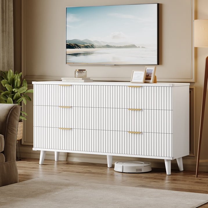 Aufeile 3 Piece Dresser and Nightstand Set for Bedroom, Boho 6 Drawer Dresser & Nightstands Set of 2 with 3 Drawers & USB Charging, Fluted Wood Storage Cabine, Modern Bedroom Furniture Set, White