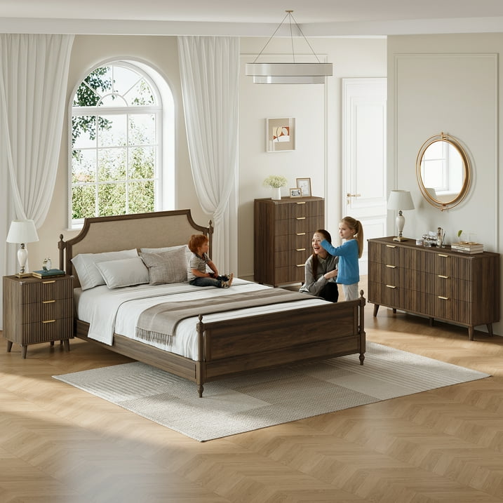 Aufeile 4 Piece Boho Dresser Set for Bedroom, 6 Drawer Dresser, 5 Drawer Tall Dresser & 2 Nightstands with 3 Drawers & USB Charging, Fluted Wood Bedroom Furniture Set, Walnut