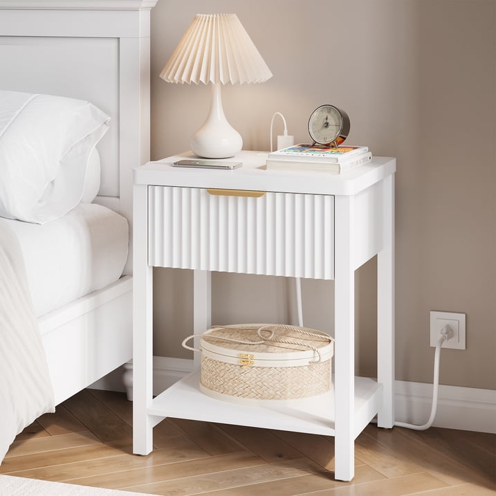 Aufeile Nightstand for Bedroom Set of 2 with Charging Station, Modern Side Table with Drawer & Open Shelf, Fluted End Table with 2 AC Outlets, USB & Type-C, White