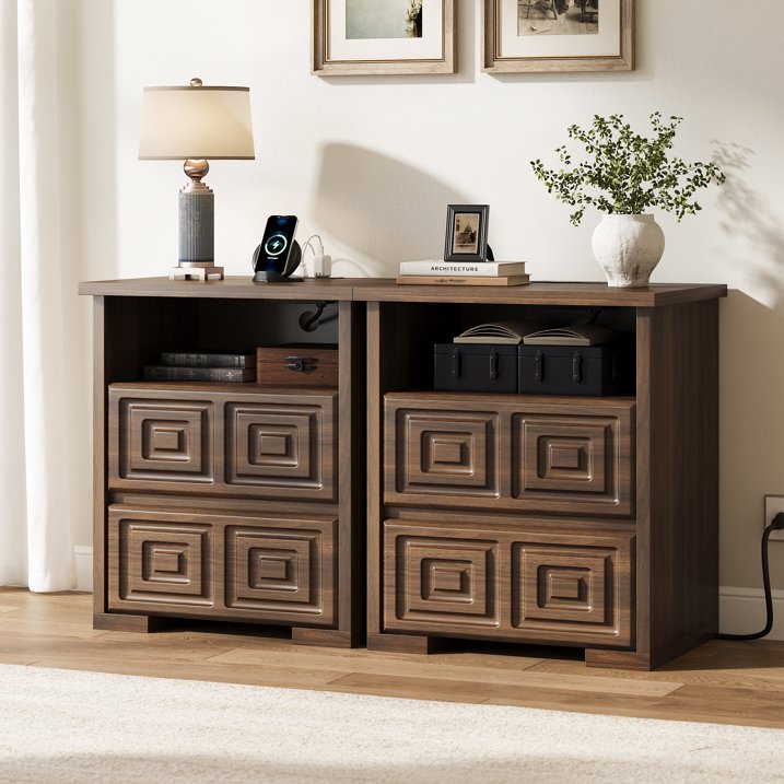 Aufeile Dresser and Nightstand 3 Piece Set - Includes Double 6 Drawer Farmhouse Dresser, Nightstand Set of 2 with Charging Station, Vintage Bedroom Set, Walnut