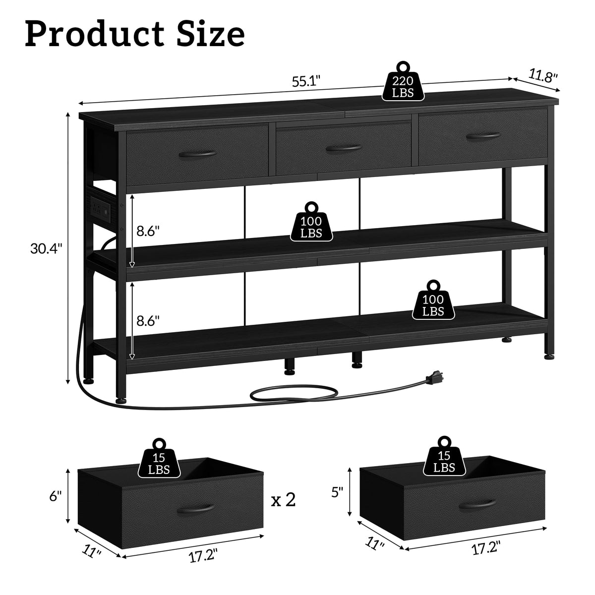 Aufeile 55" Console Table for Entryway, Fabric Sofa Table with 3 Drawers, Outlet and Open Shelves, Entryway Table for Couch, Hallway, Foyer, Living Room, Black