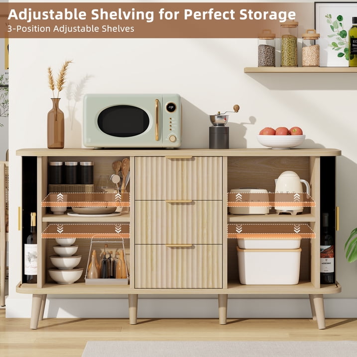 Aufeile Sideboard Buffet Cabinet, 55" Storage Cabinet with 3 Drawers and Adjustable Shelves, Modern Accent Cabinet for Kitchen, Dining Living Room, Entryway, Hallway, Natural Oak