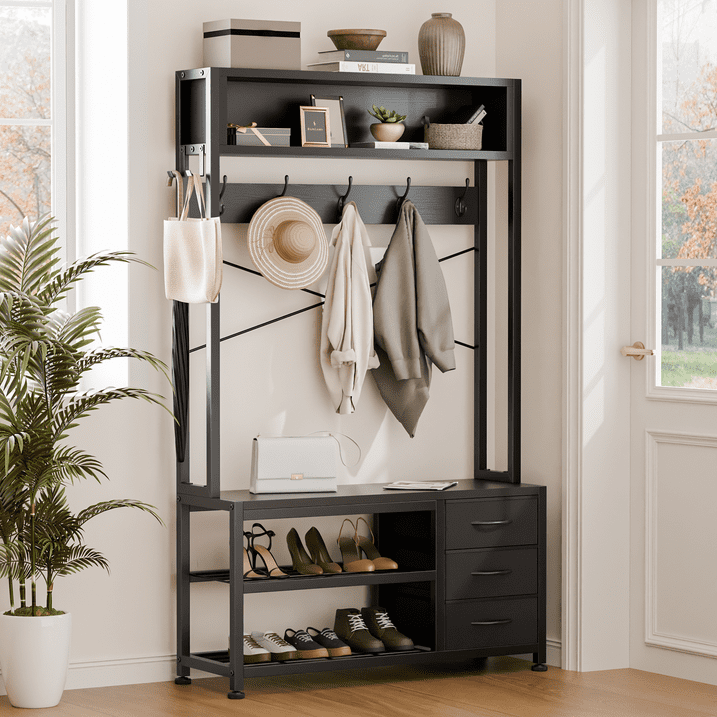 Aufeile Hall Tree with Bench, 5-in-1 Entryway Storage Organizer with Shoe Rack, 7 Hooks, 3 Drawers & Top Shelf, Industrial Coat Rack for Hallway, Living Room, Black