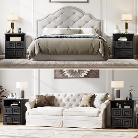 Aufeile Farmhouse Nightstand Set of 2, Rustic Sofa Side Table with USB & AC Outlets for Bedroom, End Tables with 2 Drawers for Living Room, Black