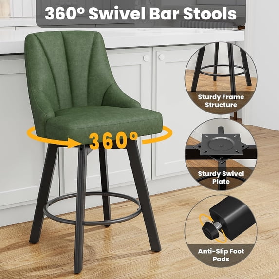 Aufeile Modern Swivel Bar Stools, 24" Counter Height Kitchen Island Chairs with Back, PU Leather Upholstered Barstools, Green Set of 4