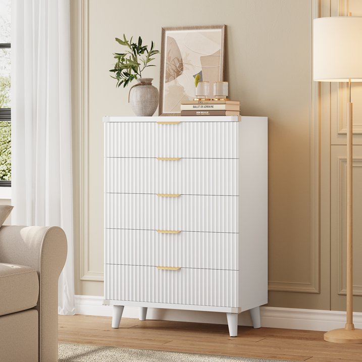 Aufeile 39.4" Tall Dresser for Bedroom, 5 Drawer Fluted Wood Dresser, Modern Chest of Drawers with Wave Panel, Slim Storage Cabinet for Small Spaces, White