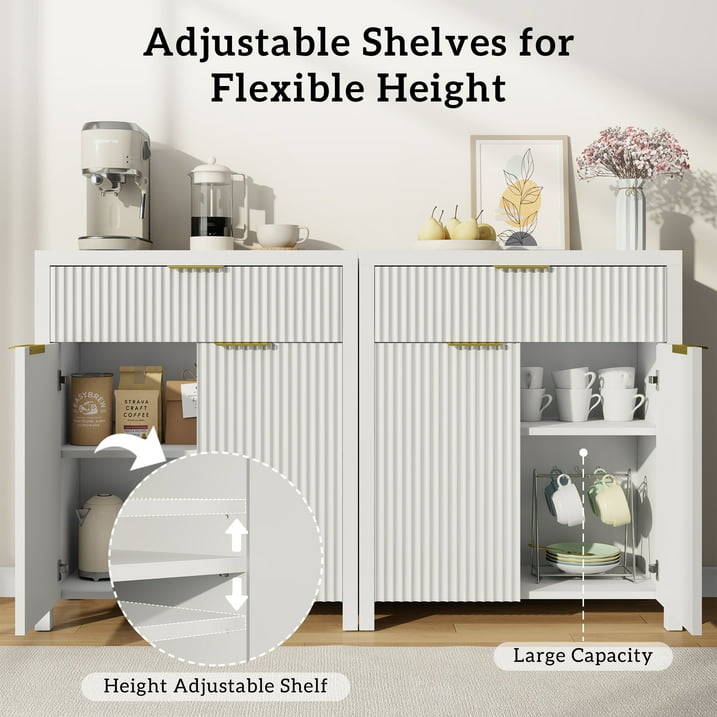 Aufeile Modern Sideboard with Drawer, White Fluted Buffet Cabinet with Adjustable Shelf, Storage Cabinet Home Furniture for Dining Living Room, Kitchen, Entryway