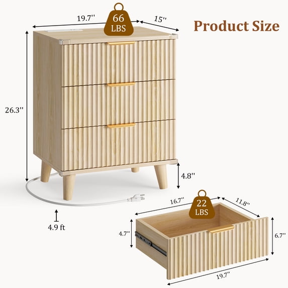 Aufeile Nightstand with Charging Station, 3 Drawer Nightstand for Bedroom, Fluted Bedside Table with USB Ports, Modern Wood Bedroom Side Table with Drawers, Natural