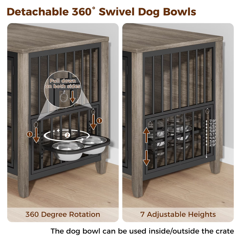 Aufeile Dog Crate with 2 Adjustable Dog Bowls