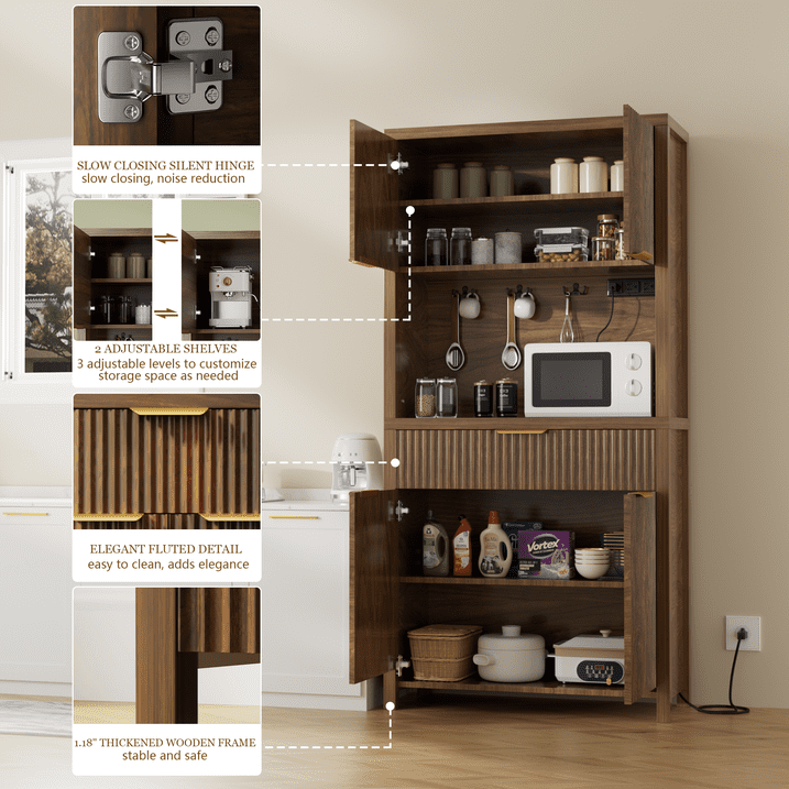 Aufeile 71" Tall Pantry Storage Cabinet with Drawer and Charging Station, Fluted Pantry Cabinet with Adjustable Shelves for Kitchen Dining Room Living Room, Black