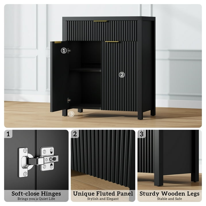 Aufeile Buffet Sideboard Cabinet with Drawer & Adjustable Shelf, Fluted Buffet Table with Storage, Modern Home Accent Furniture for Kitchen, Dining Living Room, Entryway, Black