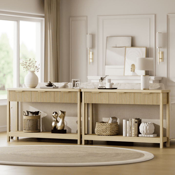 Aufeile 51" Entryway Table, Fluted Console Table with 3 Storage Drawers and Open Shelf, Narrow Couch Sofa Table for Living Room Hallway Entrance Foyer, Natural Oak