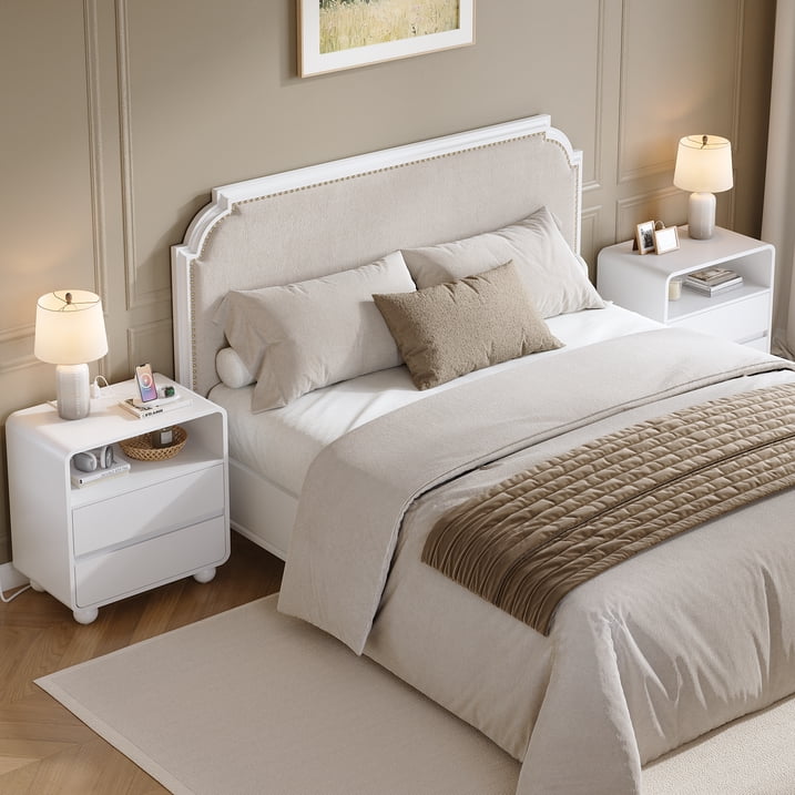 Aufeile Modern Curved Nightstand with Charging Station, 23.6" Wide Bedside Table with 2 Drawers & Open Shelf, Wooden Night Stand with USB & Type-C Ports for Bedroom or Living Room, White