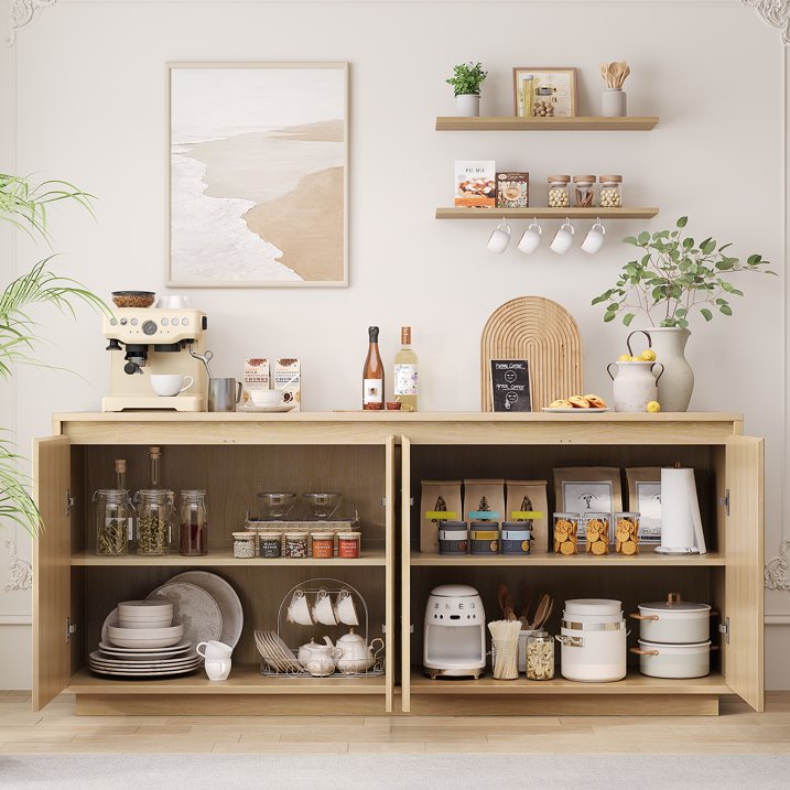 Aufeile 62" Long Sideboard Buffet Cabinet, Fluted Storage Cabinet with Adjustable Shelves for Kitchen Dining Living Room, Natural