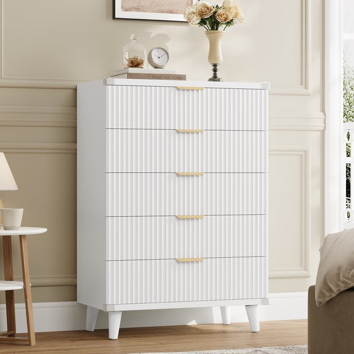 Aufeile 39.4" Tall Dresser for Bedroom, 5 Drawer Fluted Wood Dresser, Modern Chest of Drawers with Wave Panel, Slim Storage Cabinet for Small Spaces, White