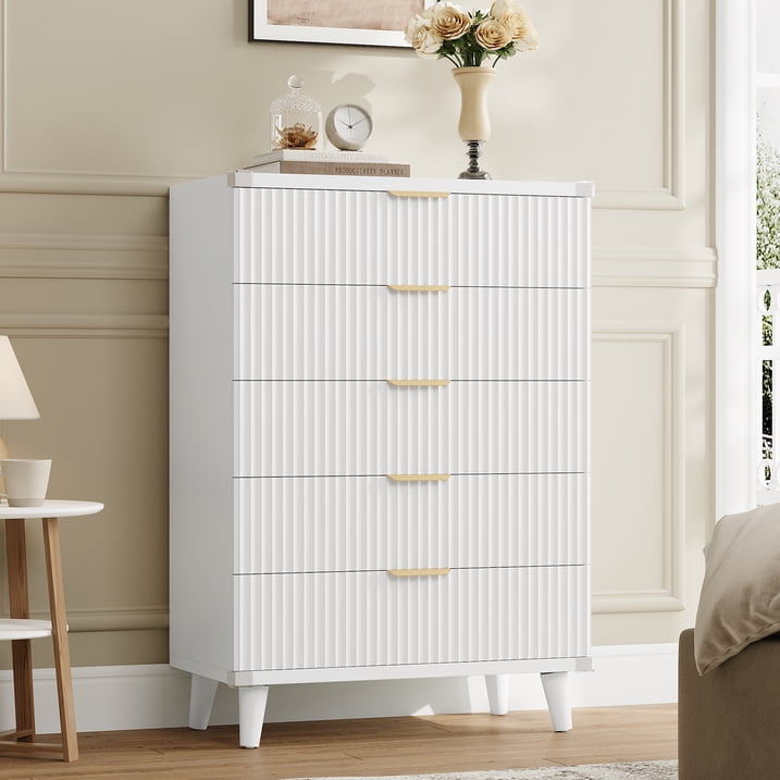 Aufeile 4 Piece Boho Dresser Set for Bedroom, 6 Drawer Dresser, 5 Drawer Tall Dresser & 2 Nightstands with & USB Charging, Fluted Wood Bedroom Furniture Set, White