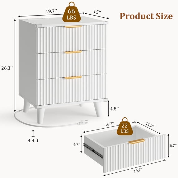 Aufeile Nightstand with Charging Station, 3 Drawer Nightstand for Bedroom, Fluted Bedside Table with USB Ports, Modern Wood Bedroom Side Table with Drawers, White