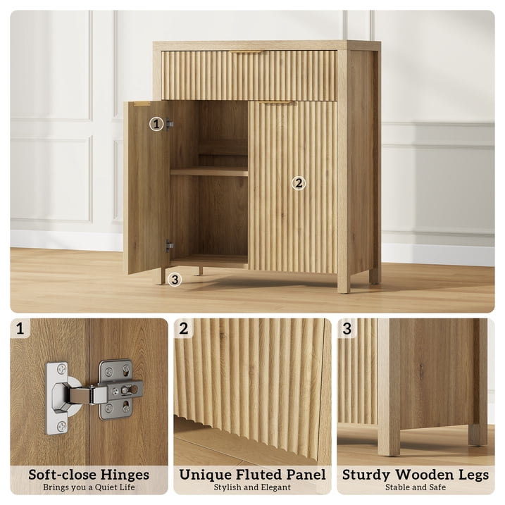 Aufeile Fluted Sideboard and Buffet, Accent Storage Cabinet with Adjustable Shelf for Dining room, Kitchen, Living room, Natural Oak