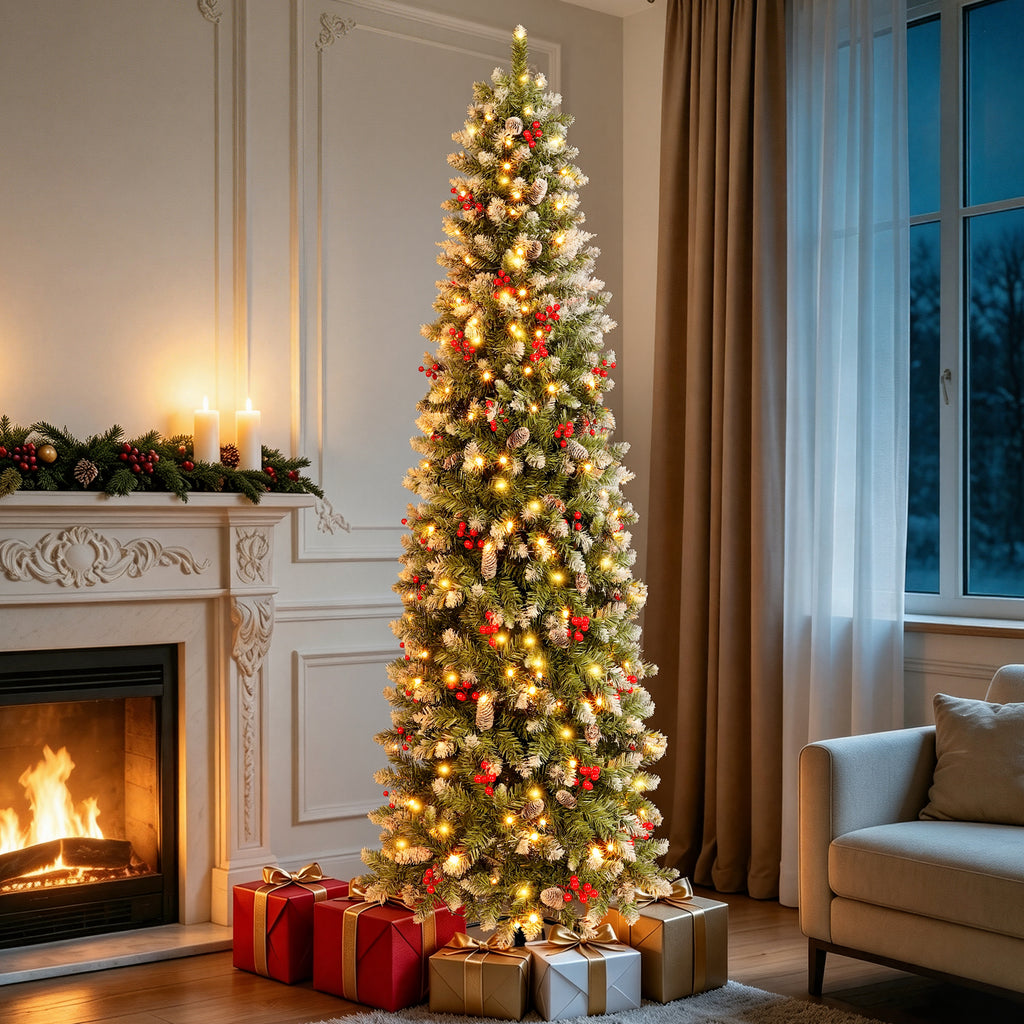 Aufelie 7.5ft Pre-Lit Pencil Christmas Tree, Slim Skinny Xmas Tree, 300 LED Lights, 728 Hinged Tips, Pine Cones, Berries, Metal Stand