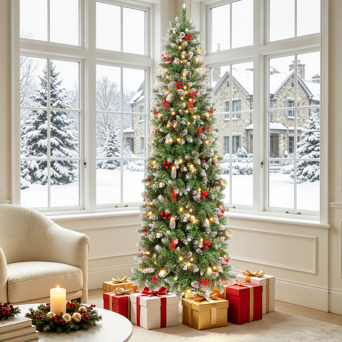 Aufelie 7.5ft Pre-Lit Pencil Christmas Tree, Slim Skinny Xmas Tree, 300 LED Lights, 728 Hinged Tips, Pine Cones, Berries, Metal Stand