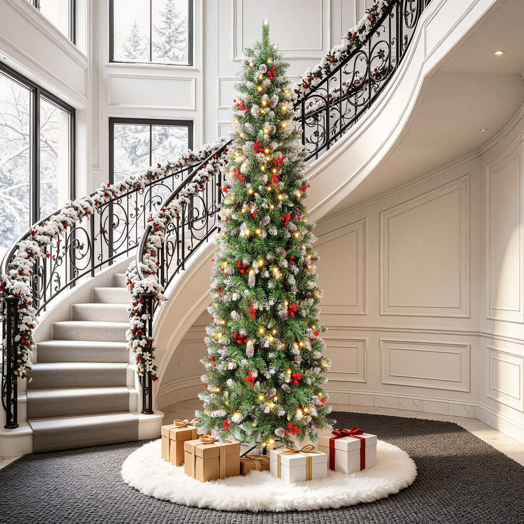 Aufelie 7.5ft Pre-Lit Pencil Christmas Tree, Slim Skinny Xmas Tree, 300 LED Lights, 728 Hinged Tips, Pine Cones, Berries, Metal Stand