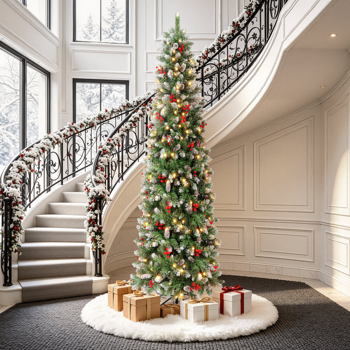 Aufelie 7.5ft Pre-Lit Pencil Christmas Tree, Slim Skinny Xmas Tree, 300 LED Lights, 728 Hinged Tips, Pine Cones, Berries, Metal Stand