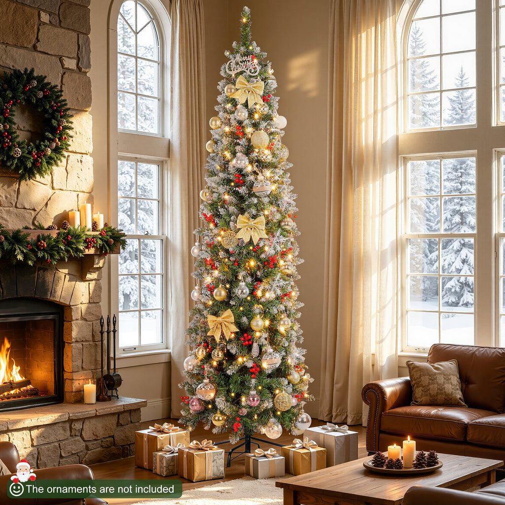Aufelie 7.5ft Pre-Lit Pencil Christmas Tree, Slim Skinny Xmas Tree, 300 LED Lights, 728 Hinged Tips, Pine Cones, Berries, Metal Stand