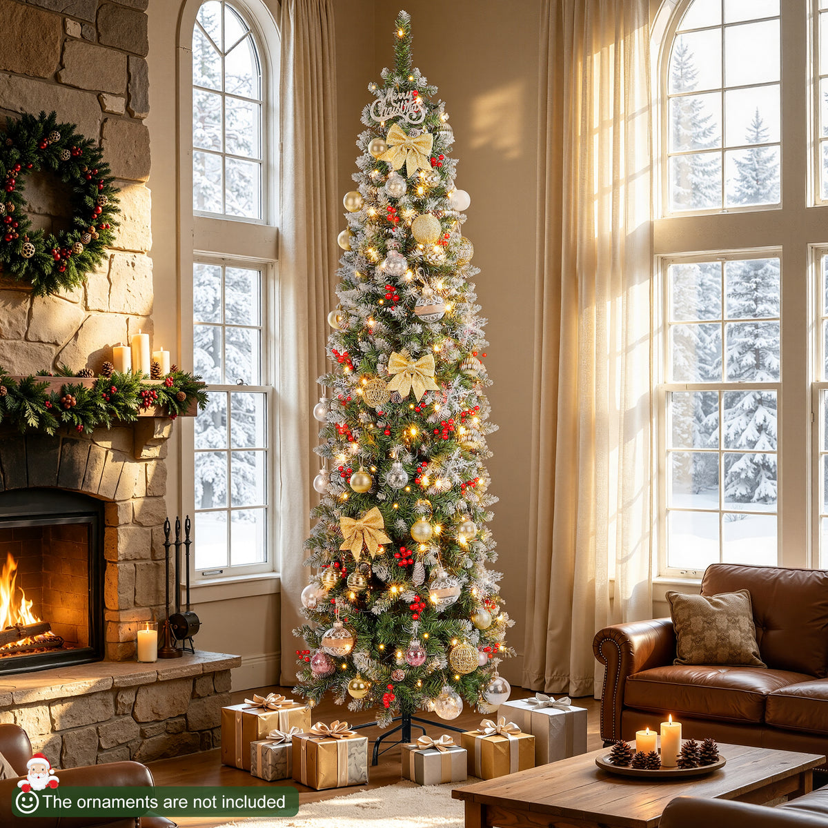 Aufelie 7.5ft Pre-Lit Pencil Christmas Tree, Slim Skinny Xmas Tree, 300 LED Lights, 728 Hinged Tips, Pine Cones, Berries, Metal Stand