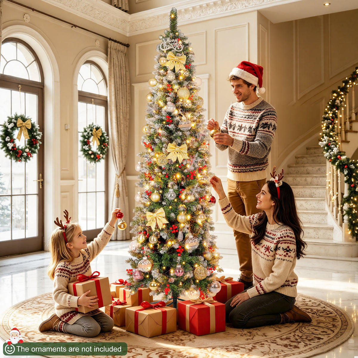 Aufelie 7.5ft Pre-Lit Pencil Christmas Tree, Slim Skinny Xmas Tree, 300 LED Lights, 728 Hinged Tips, Pine Cones, Berries, Metal Stand