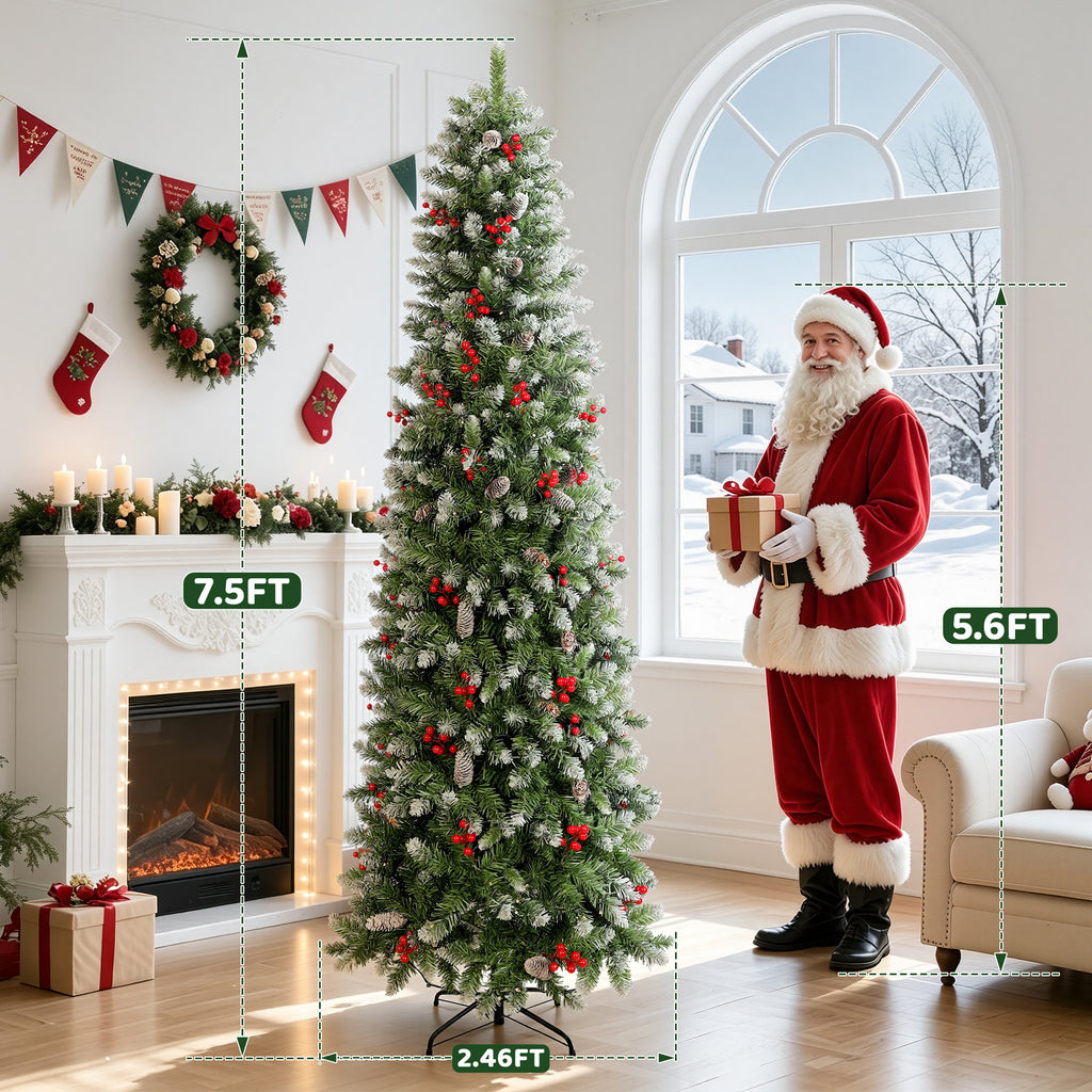 Aufelie 7.5ft Pre-Lit Pencil Christmas Tree, Slim Skinny Xmas Tree, 300 LED Lights, 728 Hinged Tips, Pine Cones, Berries, Metal Stand