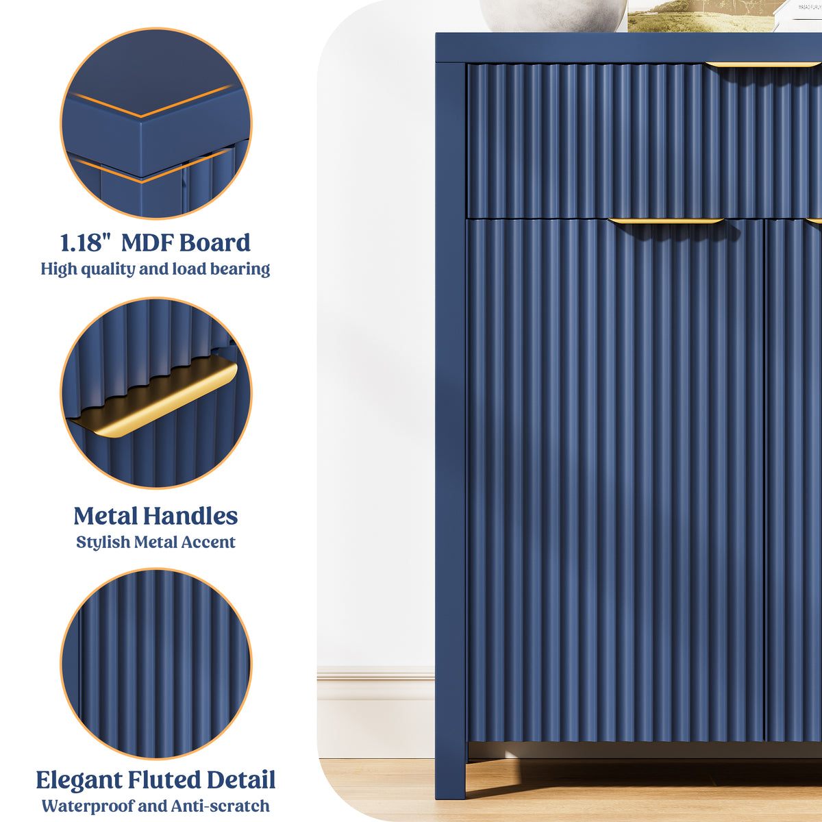 Aufeile Set of 3 Sideboard Buffet Cabinet with Storage, Modern Modular Fluted Accent Cabinet with 3 Drawers & Adjustable Shelves for Dining Room Living Room, Blue