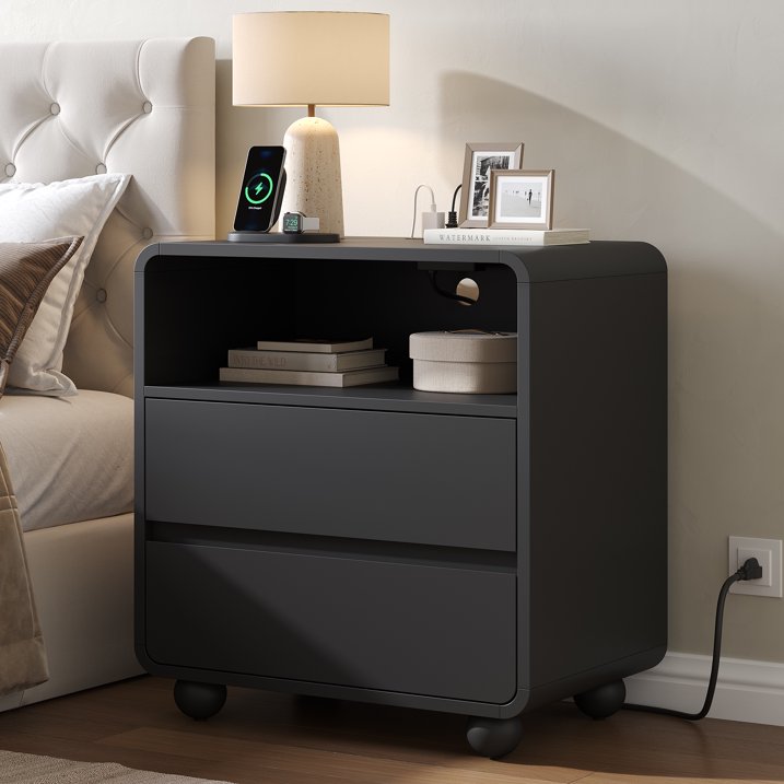 Aufeile End Table with Charging Station, 23.6" Wood Side Table with 2 Drawers & Open Shelf, Modern Accent Table for Living Room, Bedroom or Bedside, Black