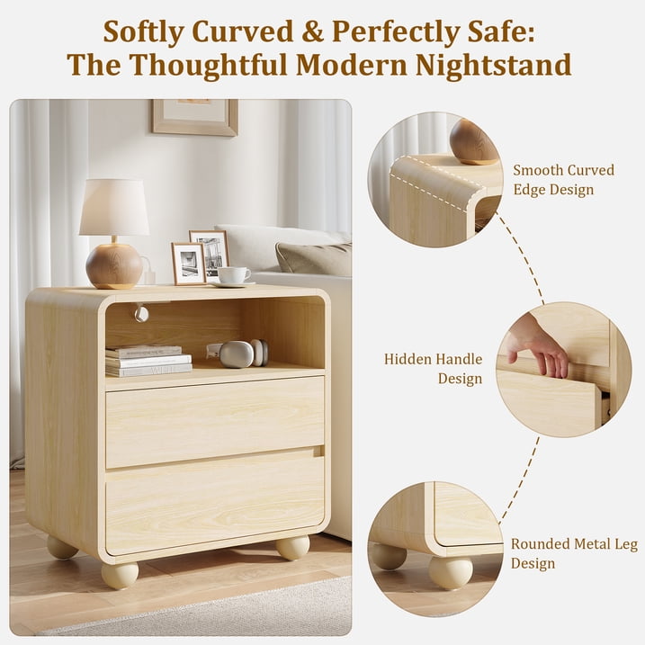 Aufeile Nightstand for Bedroom with Charging Station, 23.6" Wide Bedside Table with 2 Drawers & Open Shelf, Curved Wood Night Stand with USB & Type-C for Bedroom or Living Room, Natural