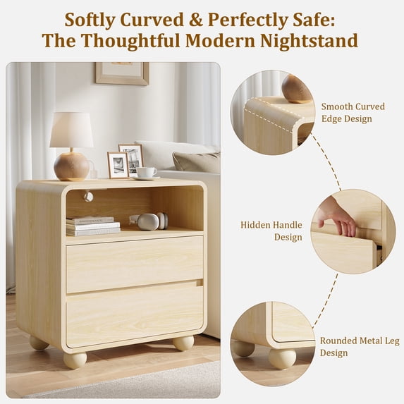 Aufeile Nightstands Set of 2 for Bedroom with Charging Station, 23.6" Wide Bedside Tables with 2 Drawers & Shelf, Modern Curved Wood Night Stand Set for Bedroom or Living Room, Natural