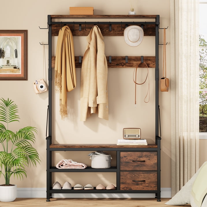 Aufeile 6-in-1 Hall Tree with Bench, Wide Entryway Bench with Shoe Storage, 24 Hooks, 2 Drawers, Hanging Rod & Shelf, Heavy Duty Coat Rack for Hallway, Living Room, Rustic Brown