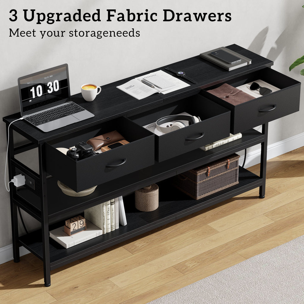 Aufeile 55" Console Table for Entryway, Fabric Sofa Table with 3 Drawers, Outlet and Open Shelves, Entryway Table for Couch, Hallway, Foyer, Living Room, Black