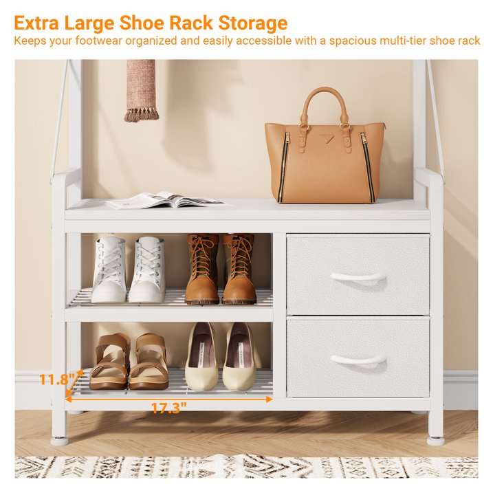Aufeile Hall Tree with Bench, 6-in-1 Entryway Storage Organizer with Shoe Rack, 17 Hooks, 2 Drawers, Hanging Rod & Top Shelf, Industrial Coat Rack for Hallway, Living Room, White