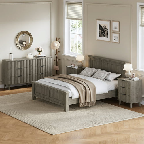 Aufeile 3 Piece Dresser and Nightstand Set for Bedroom, Boho 6 Drawer Dresser & Nightstands Set of 2 with 3 Drawers & USB Charging, Modern Bedroom Furniture Set, Dark Grey Oak