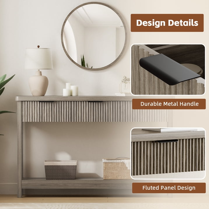 Aufeile 51" Console Table for Entryway, Fluted Entryway Table with 3 Storage Drawers and Open Shelf, Narrow Couch Sofa Table for Living Room Hallway Entrance Foyer, Gray Oak