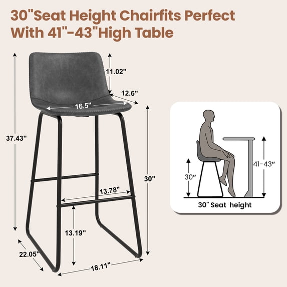 Aufeile 30" Counter Height Bar Stools Set of 3 – Modern Faux Leather Barstools with Back & Metal Legs, Kitchen Bar Chairs for Island, Dining Room, Gray