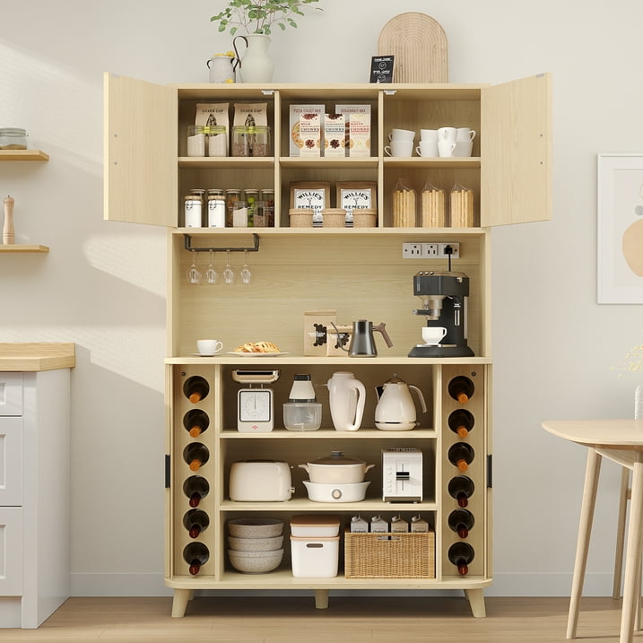 Aufeile Pantry Cabinet, 71" Tall Kitchen Pantry with Outlet, Pantry Storage Cabinet with Countertop and Sliding Doors, 39" Wide Hutch for Dining Room, Living Room, Natural Oak