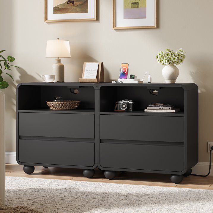 Aufeile End Table with Charging Station, 23.6" Wood Side Table with 2 Drawers & Open Shelf, Modern Accent Table for Living Room, Bedroom or Bedside, Black