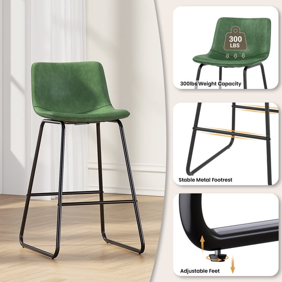 Aufeile 26" Counter Height Bar Stools Set of 2 – Modern Faux Leather Barstools with Back & Metal Legs, Kitchen Bar Chairs for Island, Dining Room, Green
