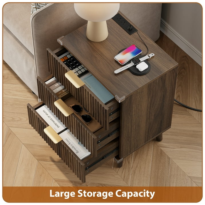 Aufeile 3 Piece Dresser and Nightstand Set for Bedroom, Boho 6 Drawer Dresser & Nightstands Set of 2 with 3 Drawers & USB Charging, Fluted Wood Storage Cabine, Modern Bedroom Furniture Set, Walnut