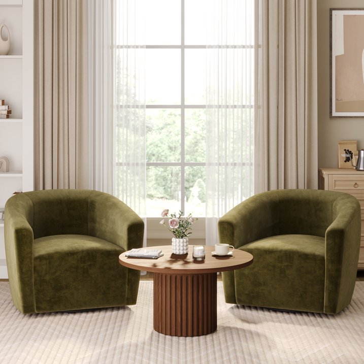Aufeile Swivel Barrel Accent Chair Set of 2 for Living Room, Modern Round 360° Swivel Chair with Curve Back, Comfy Upholstered Single Sofa Chairs for Bedroom and Office, Green