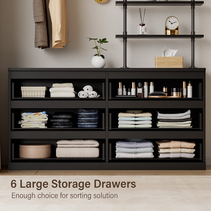 Aufeile 6 Drawer Dresser for Bedroom, 77" Tall Chest of Drawers with Hanging Rack, Industrial Wood Bedroom Dresser, Large Drawer Dresser Closet Organizer for Adults, Black